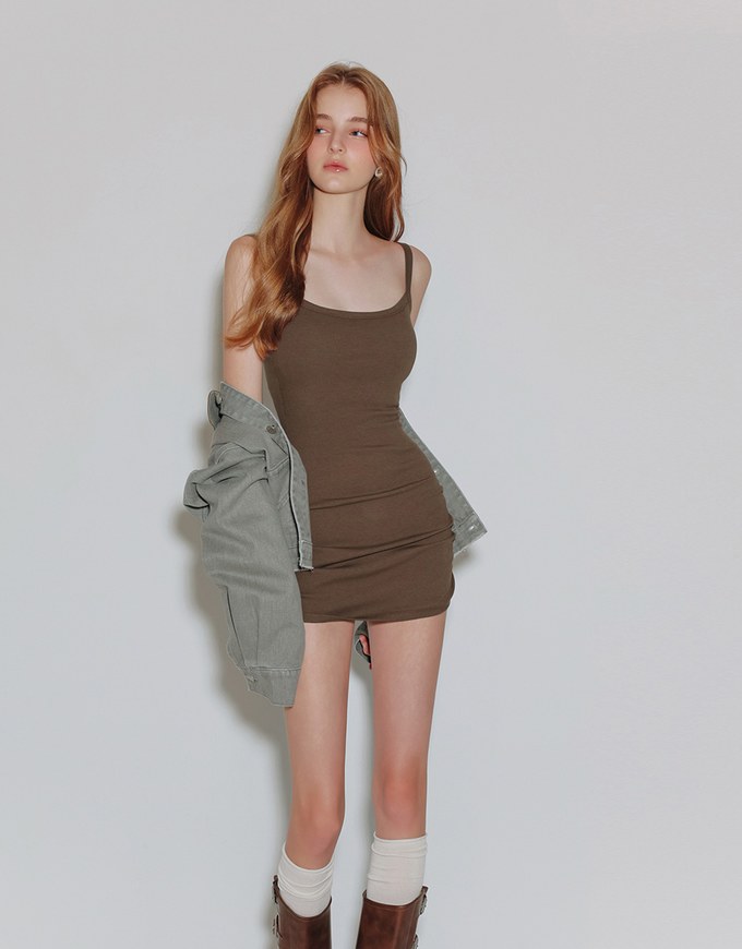 Spaghetti Strap Plain Bodycon Mini Dress with Ruched Hemline