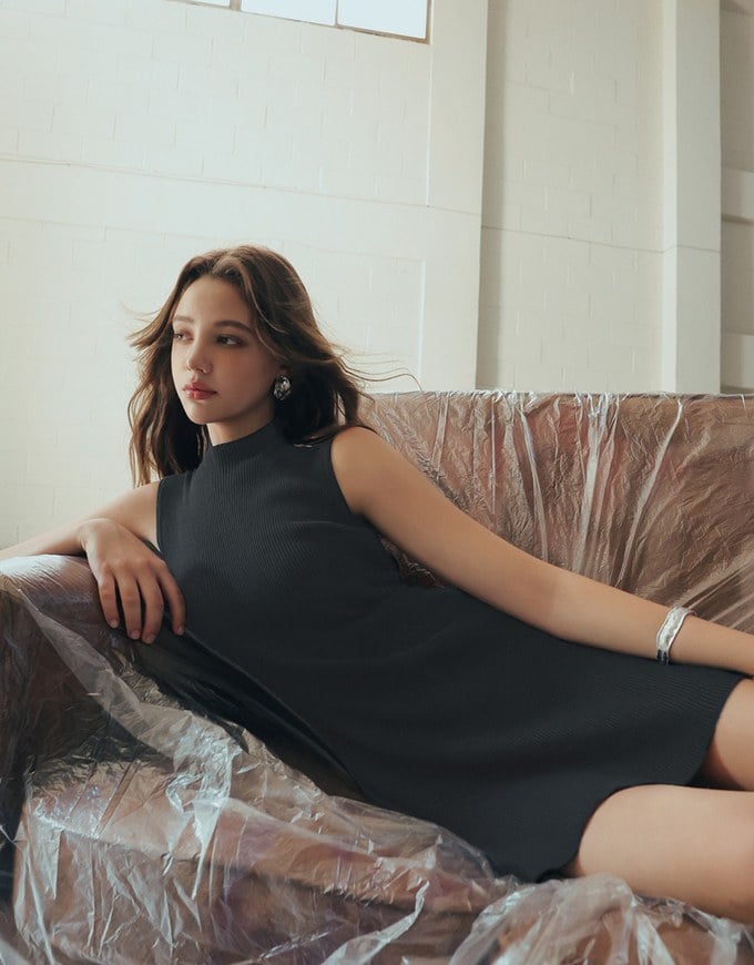 Mock Neck Sleeveless Ribbed Knit Mini Dress