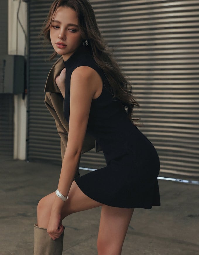Mock Neck Sleeveless Ribbed Knit Mini Dress