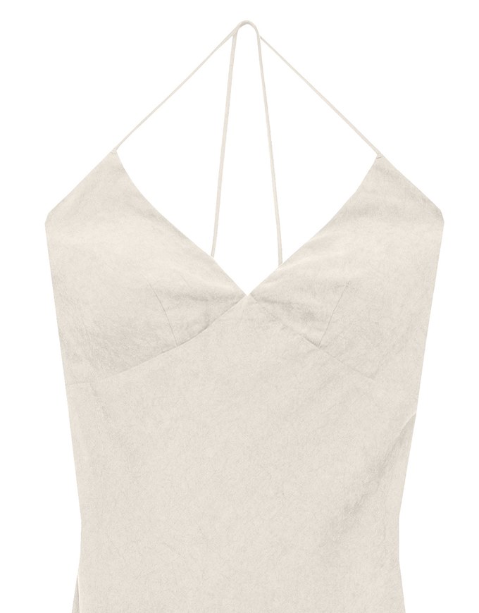 V Neck Halter Faux Suede Spaghetti Strap Cami Padded Maxi Dress