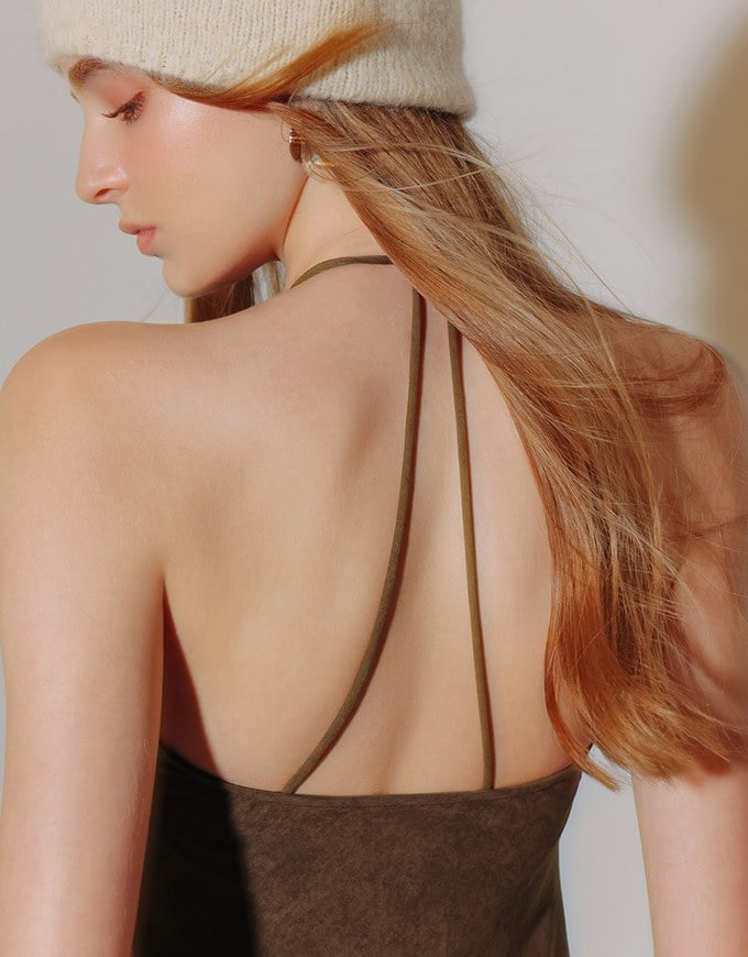 V Neck Halter Faux Suede Spaghetti Strap Cami Padded Maxi Dress