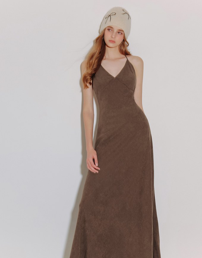 V Neck Halter Faux Suede Spaghetti Strap Cami Padded Maxi Dress
