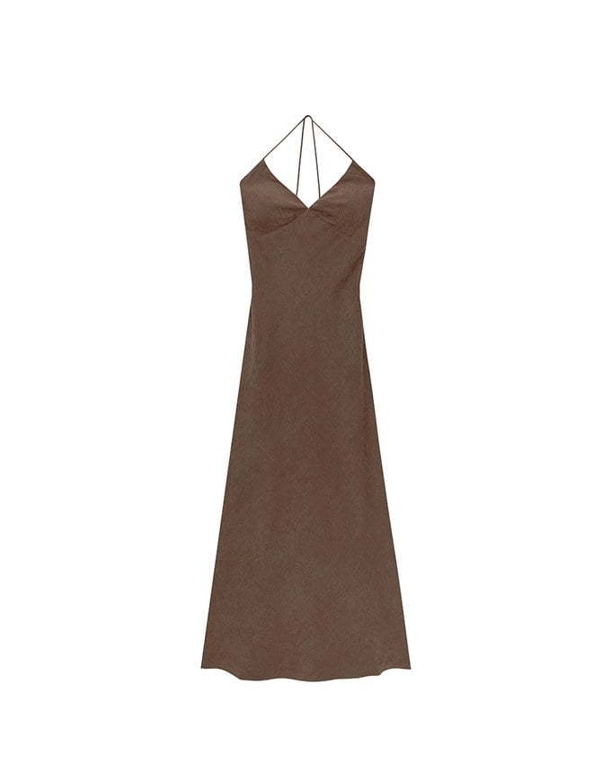 V Neck Halter Faux Suede Spaghetti Strap Cami Padded Maxi Dress