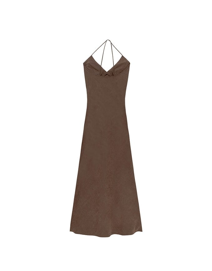 V Neck Halter Faux Suede Spaghetti Strap Cami Padded Maxi Dress