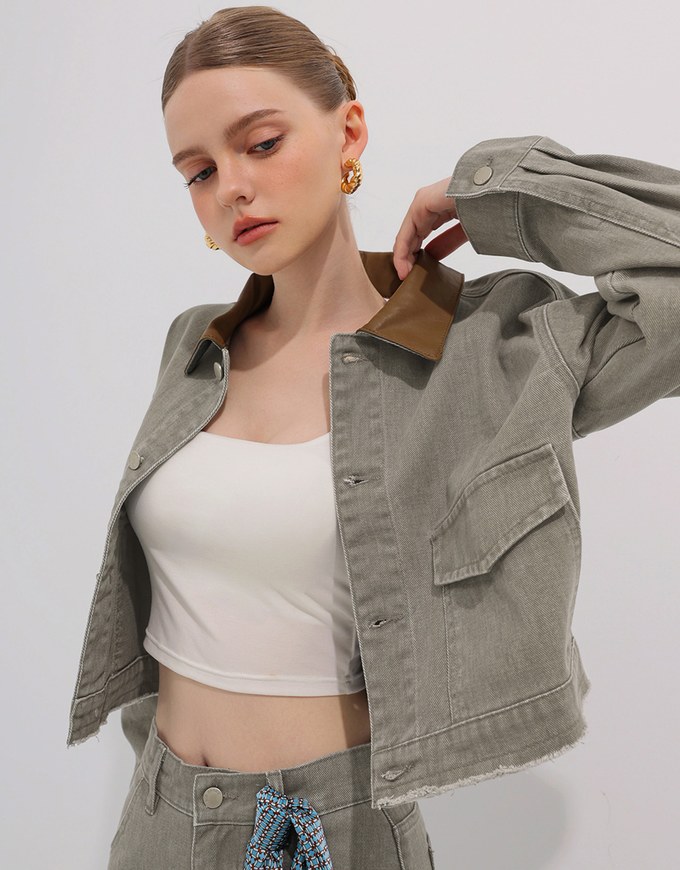 Raw Hem Crop Jeans Denim Jacket with Contrast Collar