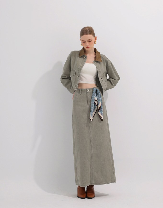 Raw Hem Crop Jeans Denim Jacket with Contrast Collar