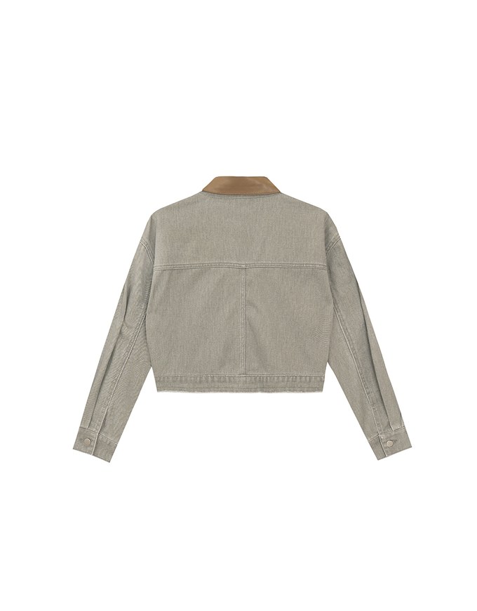 Raw Hem Crop Jeans Denim Jacket with Contrast Collar
