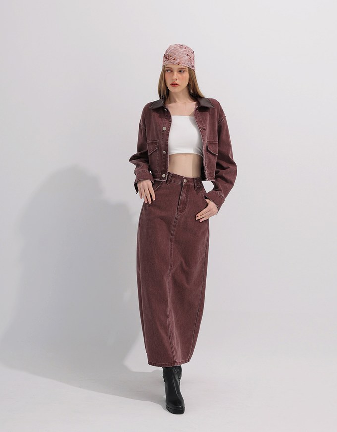 Raw Hem Crop Jeans Denim Jacket with Contrast Collar