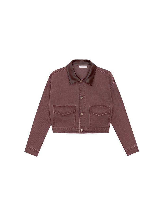 Raw Hem Crop Jeans Denim Jacket with Contrast Collar
