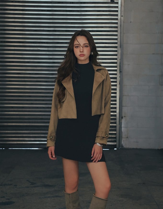 Classic Collar Faux Suede Cropped Trench Jacket