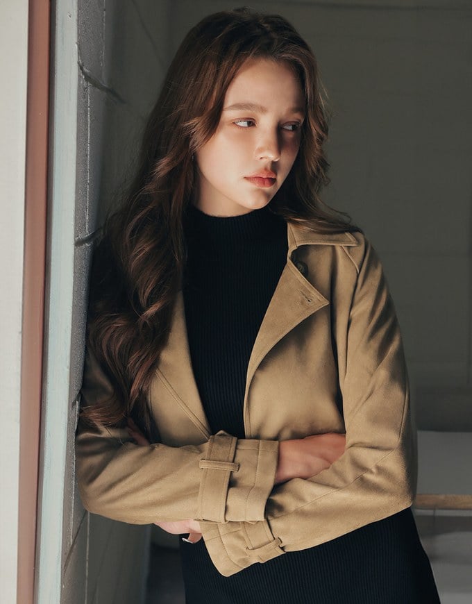 Classic Collar Faux Suede Cropped Trench Jacket
