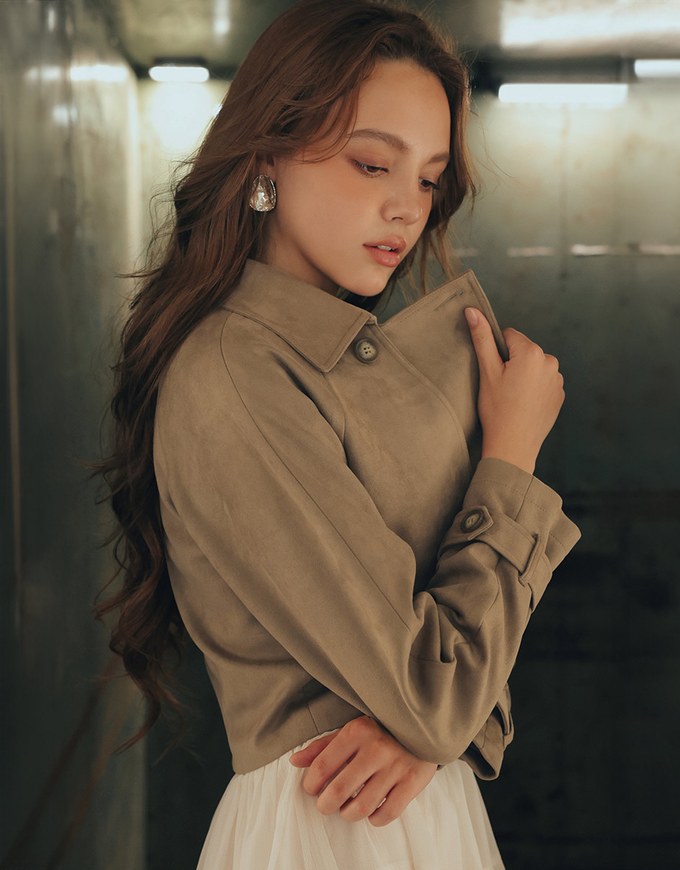 Classic Collar Faux Suede Cropped Trench Jacket