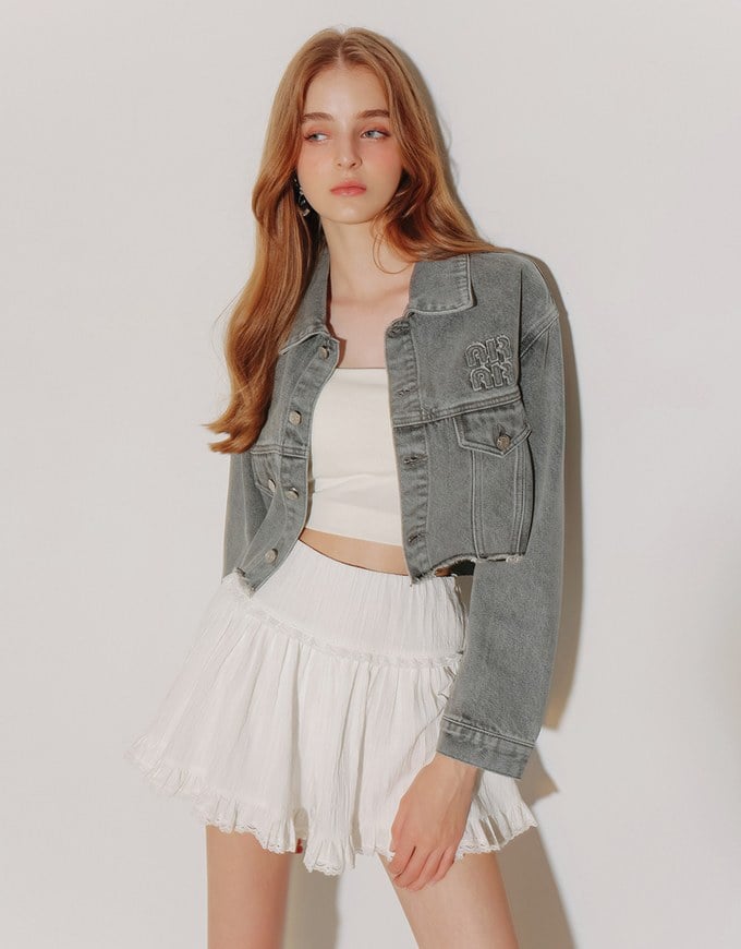 Raw Hem Crop Jeans Denim Jacket with Logo Stitch Detail
