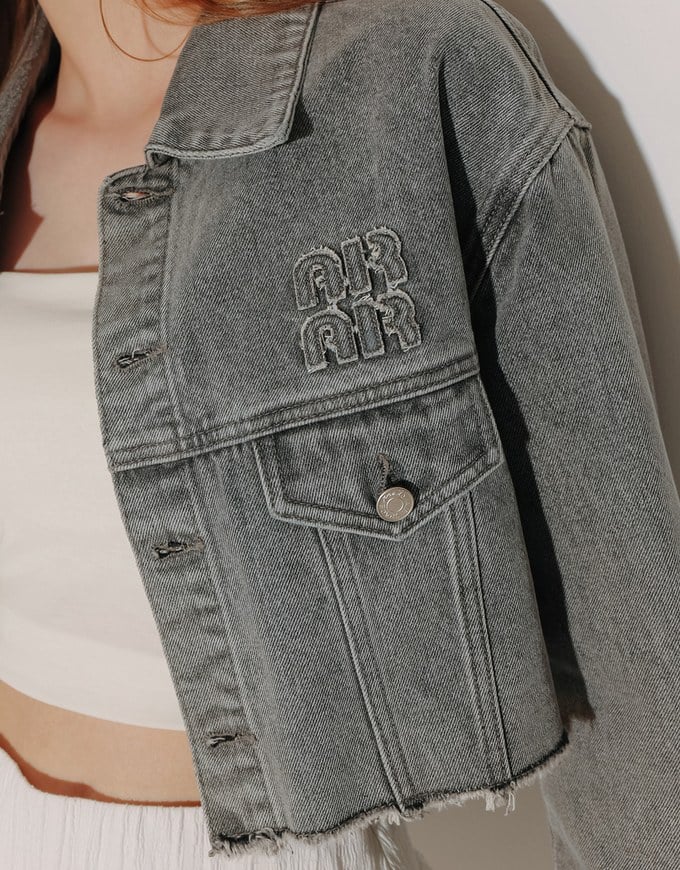 Raw Hem Crop Jeans Denim Jacket with Logo Stitch Detail