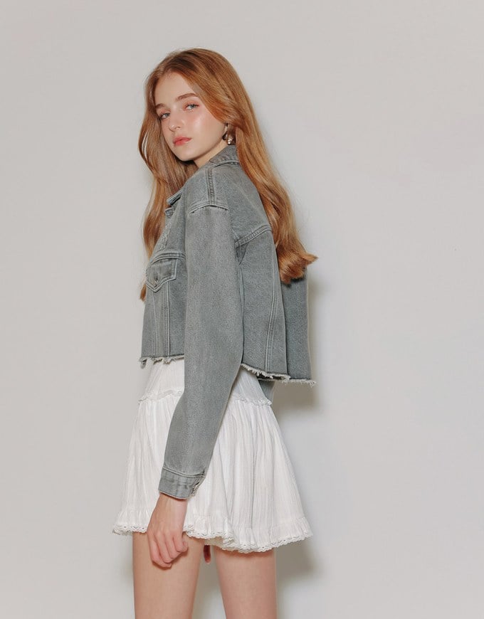 Raw Hem Crop Jeans Denim Jacket with Logo Stitch Detail
