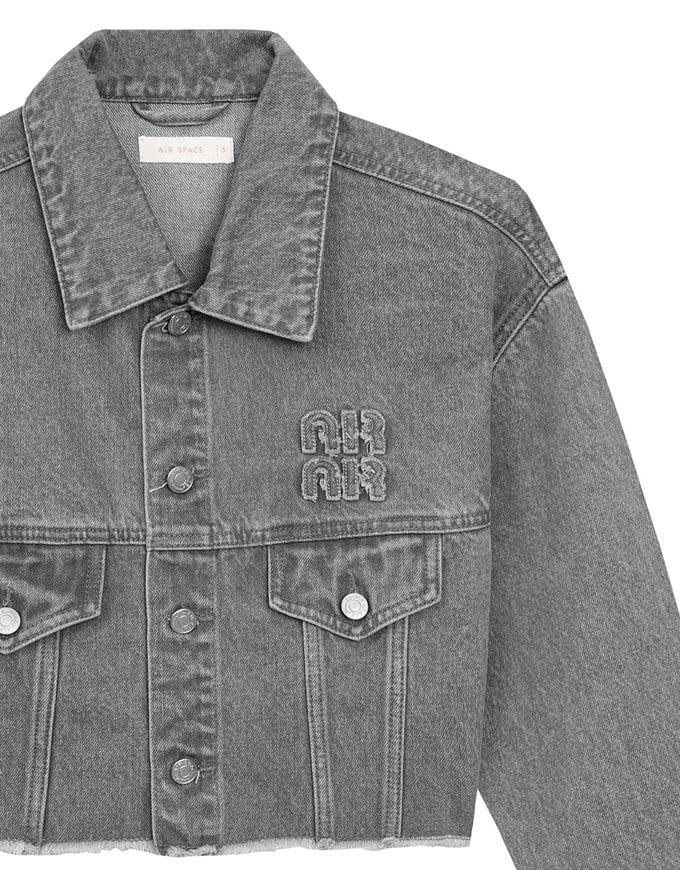 Raw Hem Crop Jeans Denim Jacket with Logo Stitch Detail