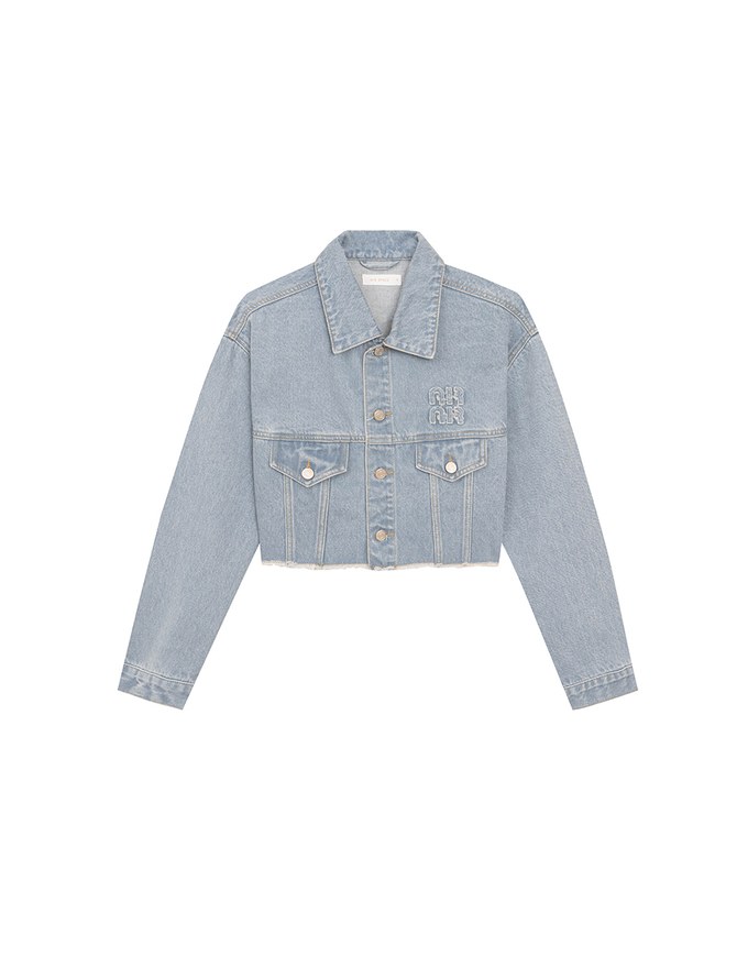 Raw Hem Crop Jeans Denim Jacket with Logo Stitch Detail