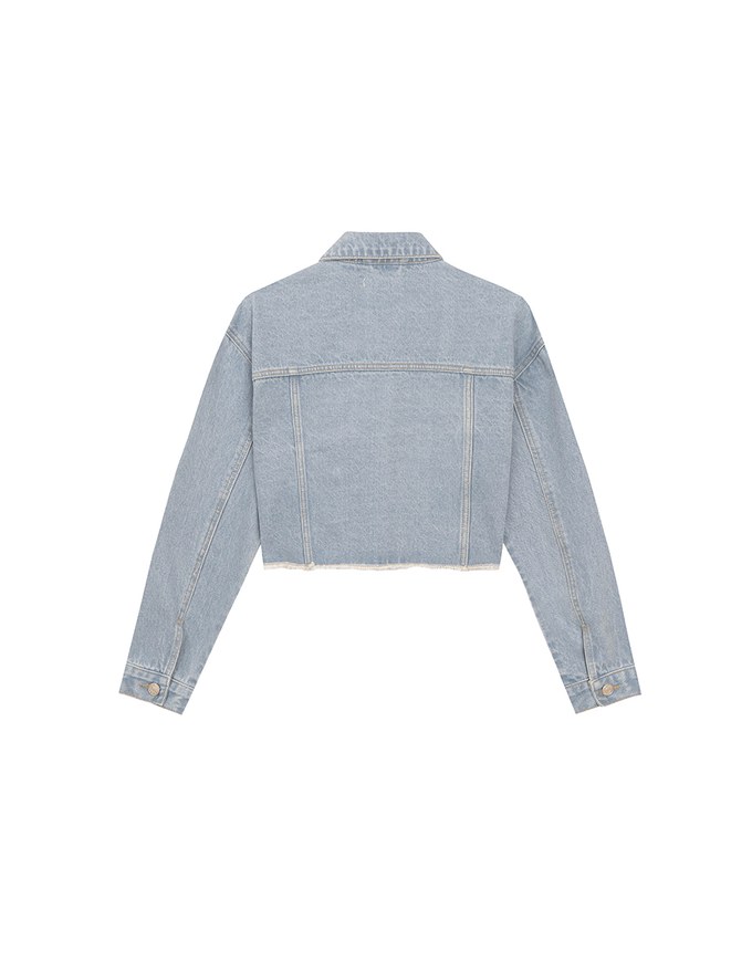 Raw Hem Crop Jeans Denim Jacket with Logo Stitch Detail