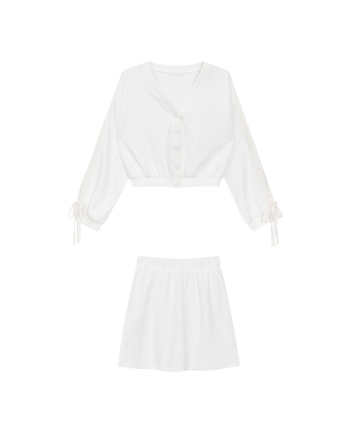 Lace Trim Drawstring Sleeve Cropped Cardigan and Elastic Waist A Line Mini Skirt Set Wear