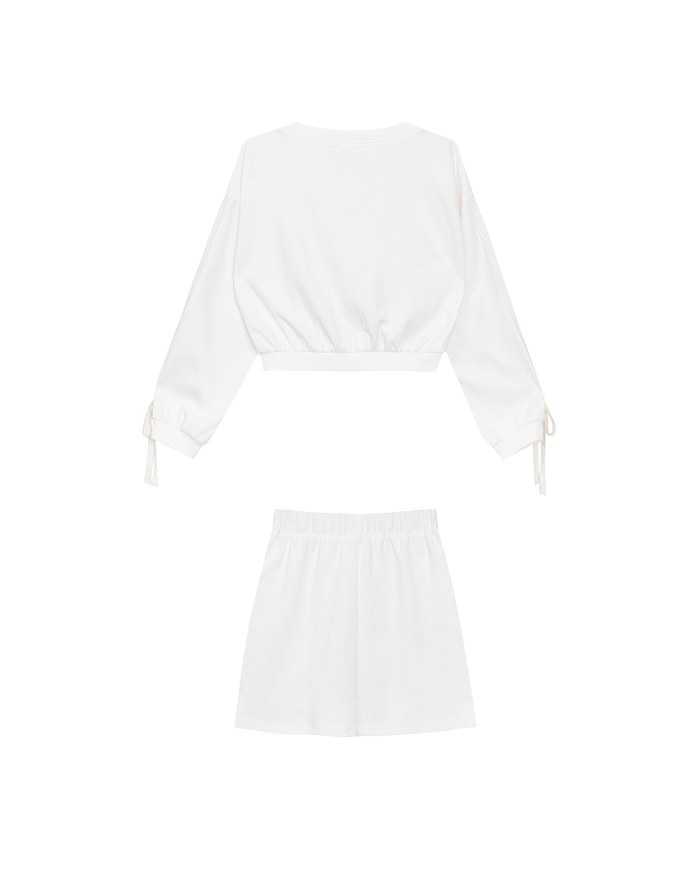 Lace Trim Drawstring Sleeve Cropped Cardigan and Elastic Waist A Line Mini Skirt Set Wear