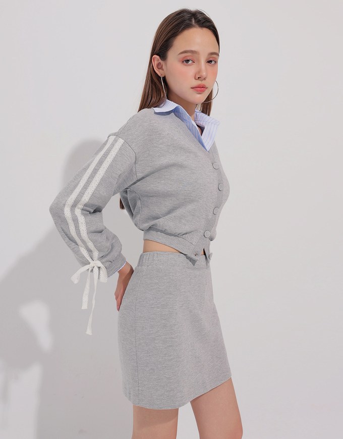 Lace Trim Drawstring Sleeve Cropped Cardigan and Elastic Waist A Line Mini Skirt Set Wear