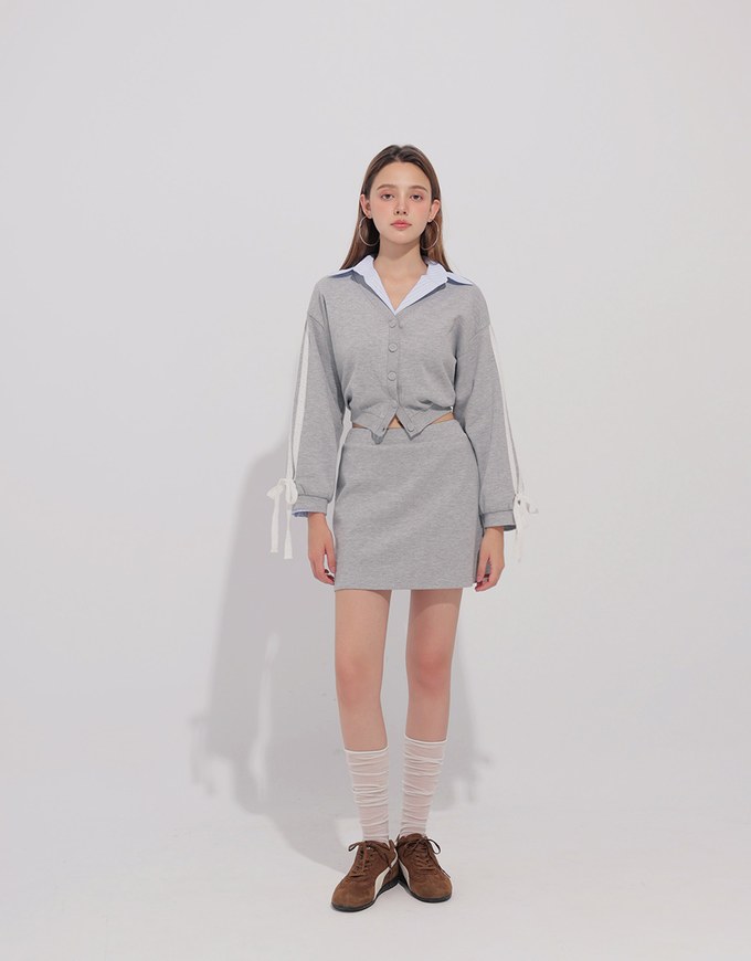 Lace Trim Drawstring Sleeve Cropped Cardigan and Elastic Waist A Line Mini Skirt Set Wear