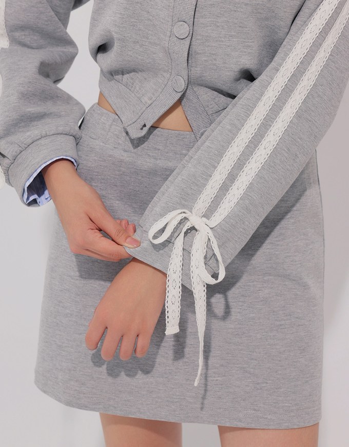Lace Trim Drawstring Sleeve Cropped Cardigan and Elastic Waist A Line Mini Skirt Set Wear