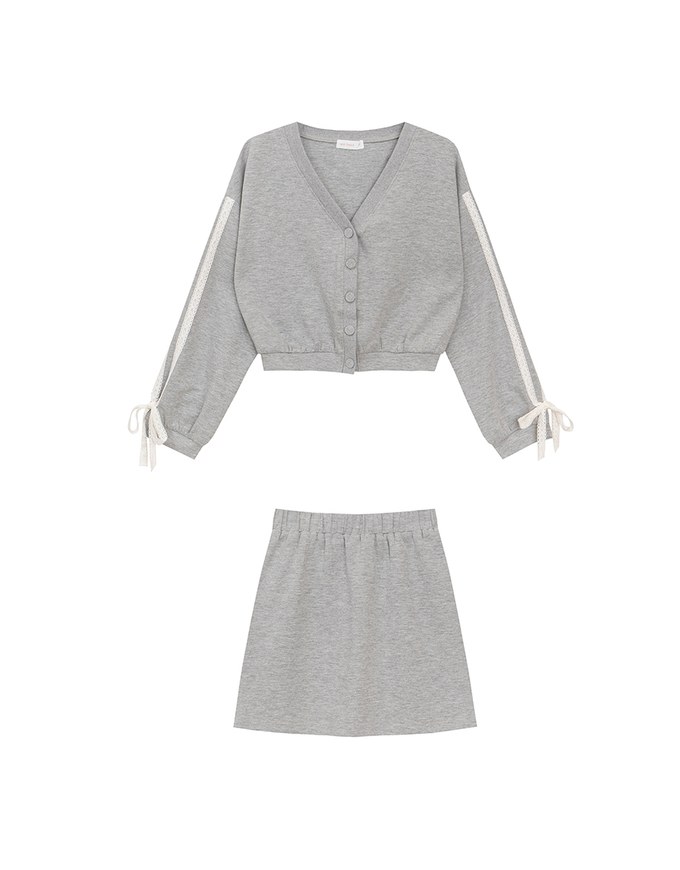 Lace Trim Drawstring Sleeve Cropped Cardigan and Elastic Waist A Line Mini Skirt Set Wear