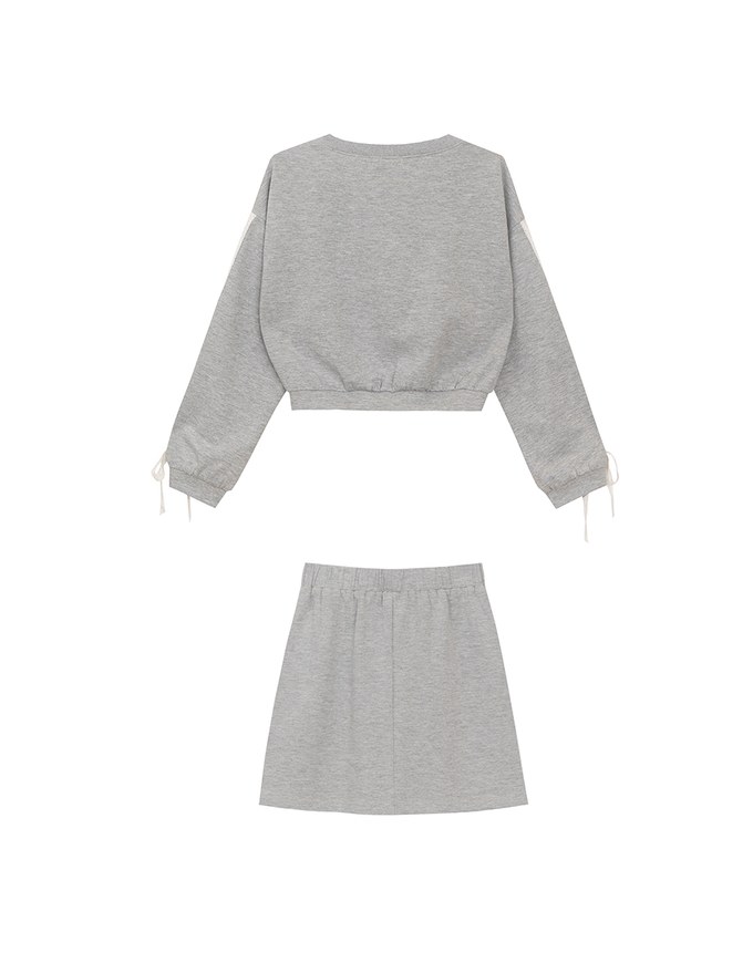 Lace Trim Drawstring Sleeve Cropped Cardigan and Elastic Waist A Line Mini Skirt Set Wear