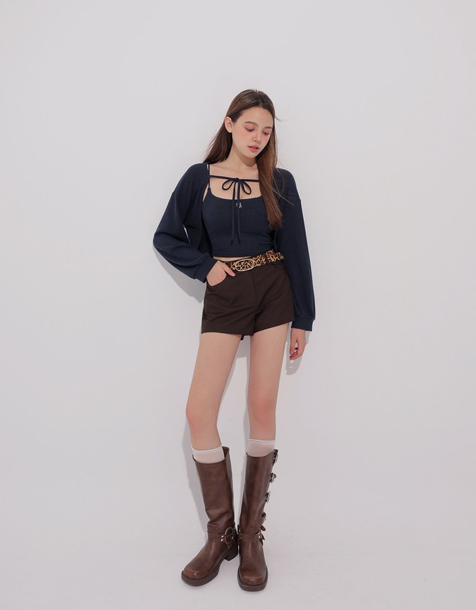 Cropped Knit Tie Front Cardigan with AIR SPACE Logo Embroidered Cami Padded Top Set Wear