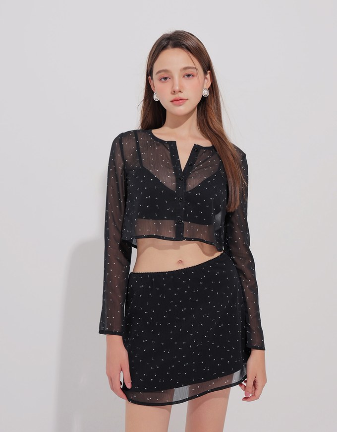 Sheer Mesh Dot Print Cropped Cardigan and Matching Mini Skirt Set Wear