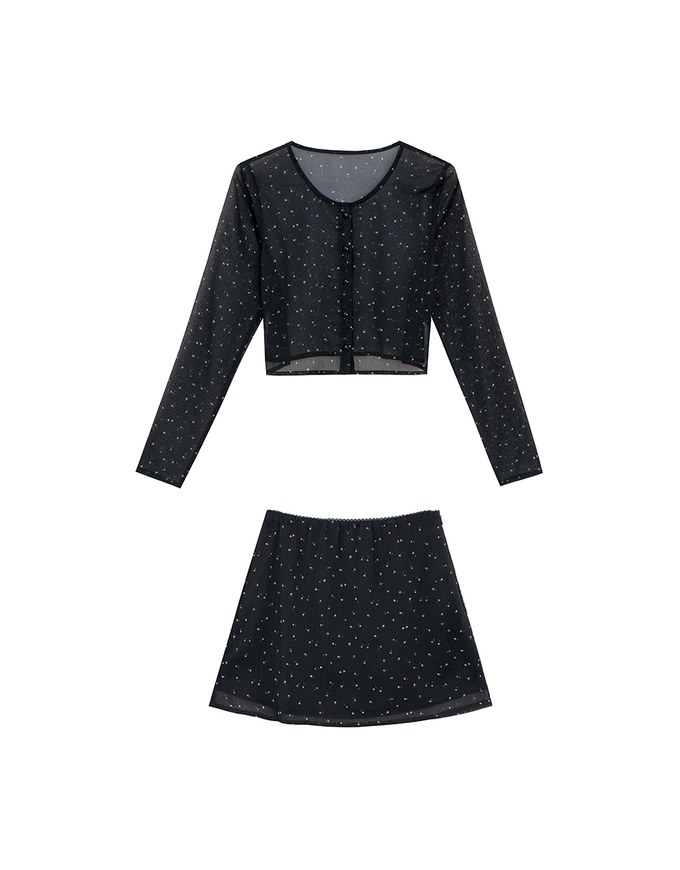 Sheer Mesh Dot Print Cropped Cardigan and Matching Mini Skirt Set Wear