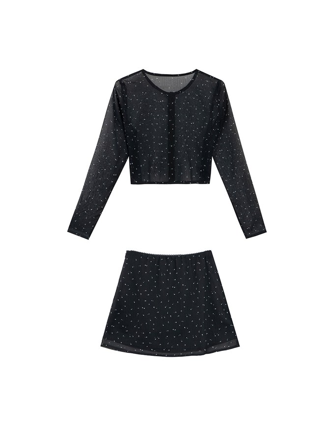 Sheer Mesh Dot Print Cropped Cardigan and Matching Mini Skirt Set Wear