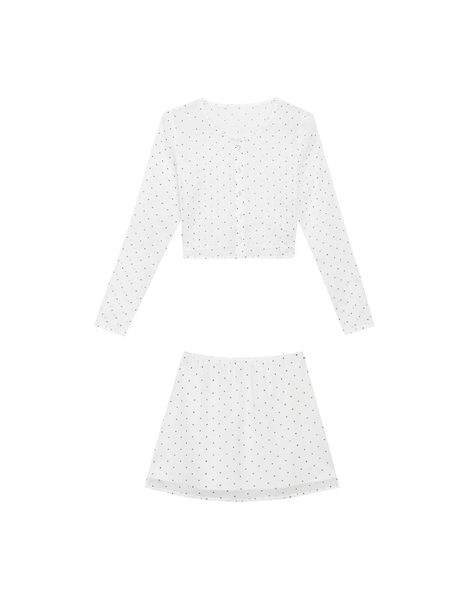 Sheer Mesh Dot Print Cropped Cardigan and Matching Mini Skirt Set Wear