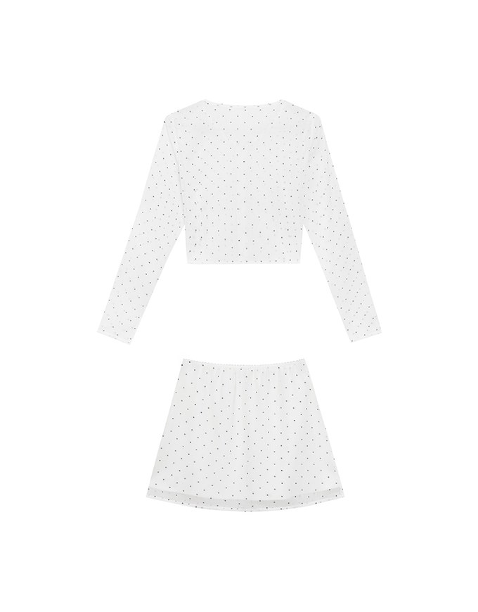 Sheer Mesh Dot Print Cropped Cardigan and Matching Mini Skirt Set Wear