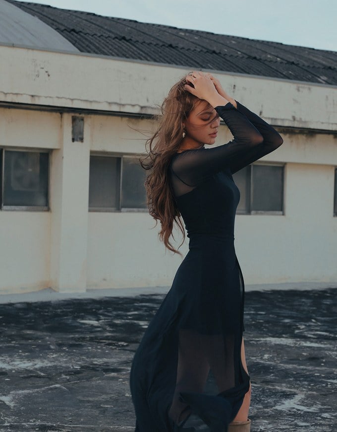 One Shoulder Sheer Mesh Panel Long Sleeve Padded Maxi Dress