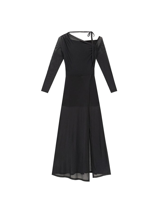 One Shoulder Sheer Mesh Panel Long Sleeve Padded Maxi Dress
