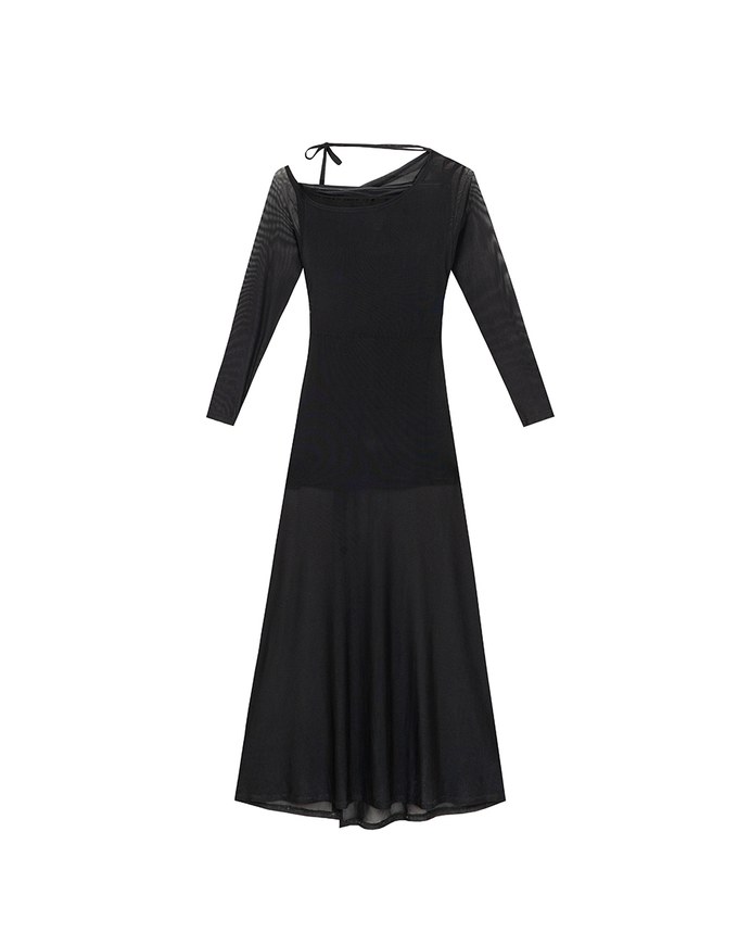 One Shoulder Sheer Mesh Panel Long Sleeve Padded Maxi Dress