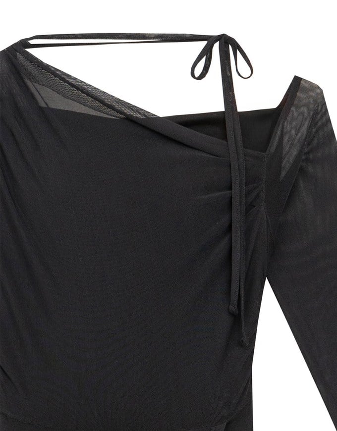 One Shoulder Sheer Mesh Panel Long Sleeve Padded Maxi Dress
