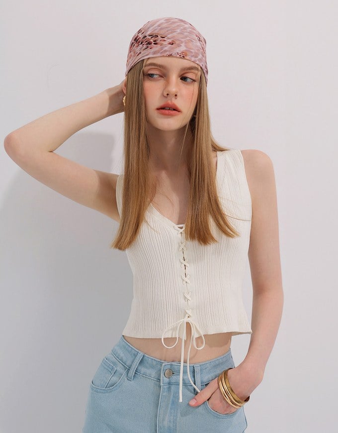 Ribbed Knit V Neck Lace Up Sleeveless Crop Top