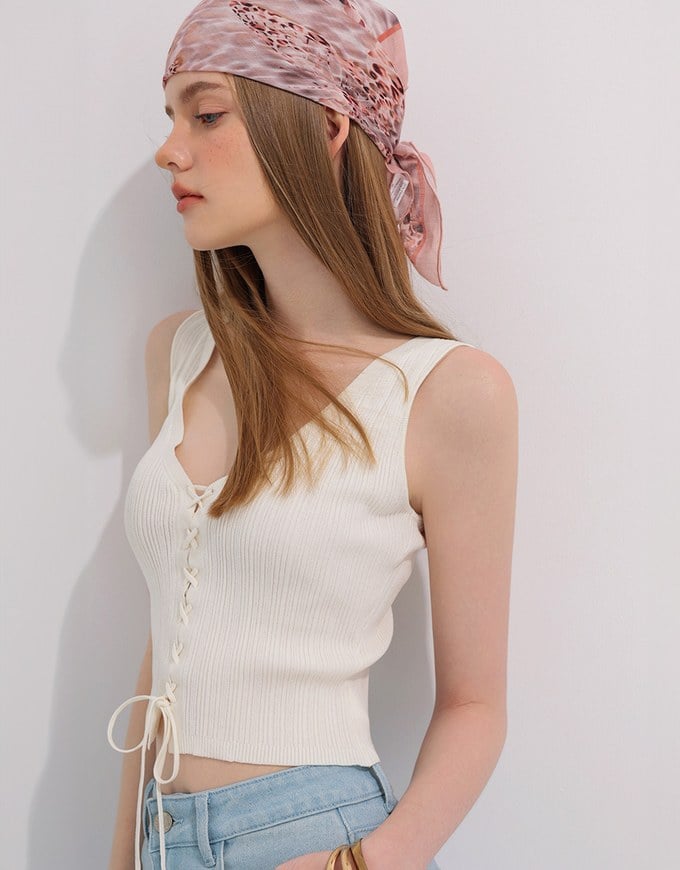 Ribbed Knit V Neck Lace Up Sleeveless Crop Top
