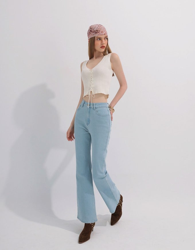 Ribbed Knit V Neck Lace Up Sleeveless Crop Top