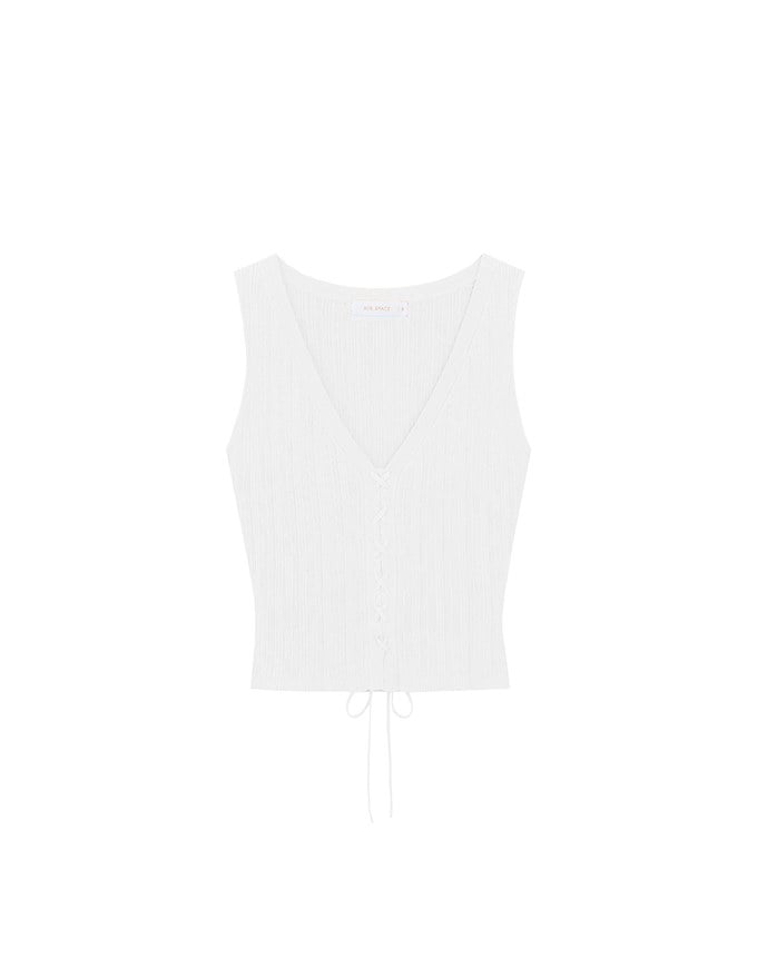 Ribbed Knit V Neck Lace Up Sleeveless Crop Top