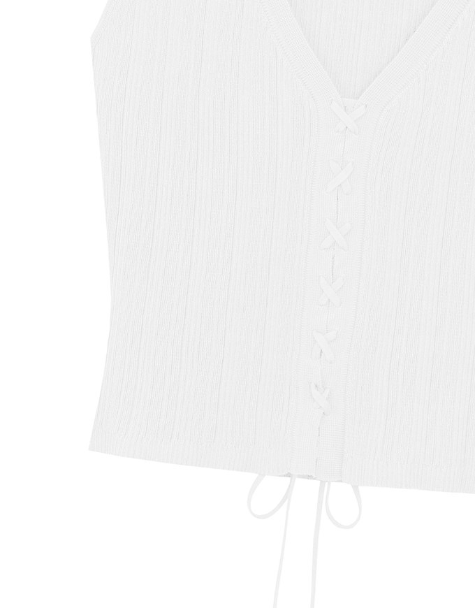 Ribbed Knit V Neck Lace Up Sleeveless Crop Top