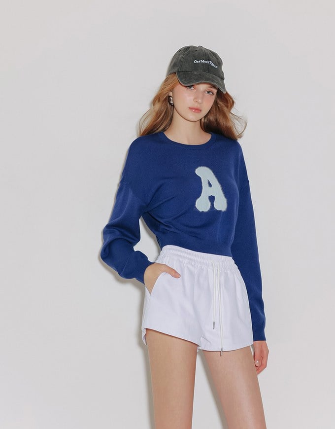 Fuzzy Letter Embroidered Cropped Knit Sweater