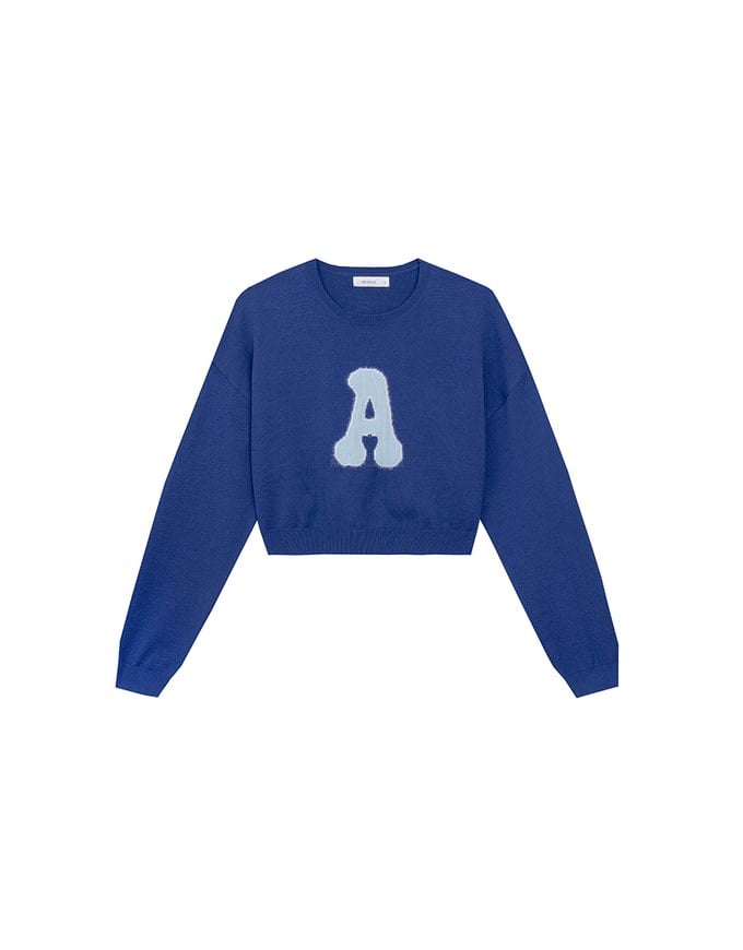 Fuzzy Letter Embroidered Cropped Knit Sweater