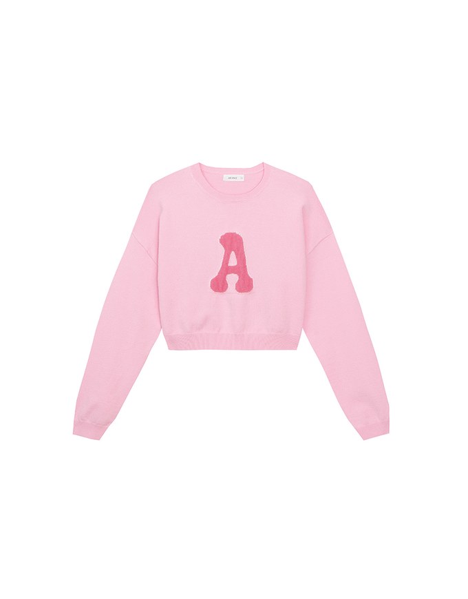 Fuzzy Letter Embroidered Cropped Knit Sweater
