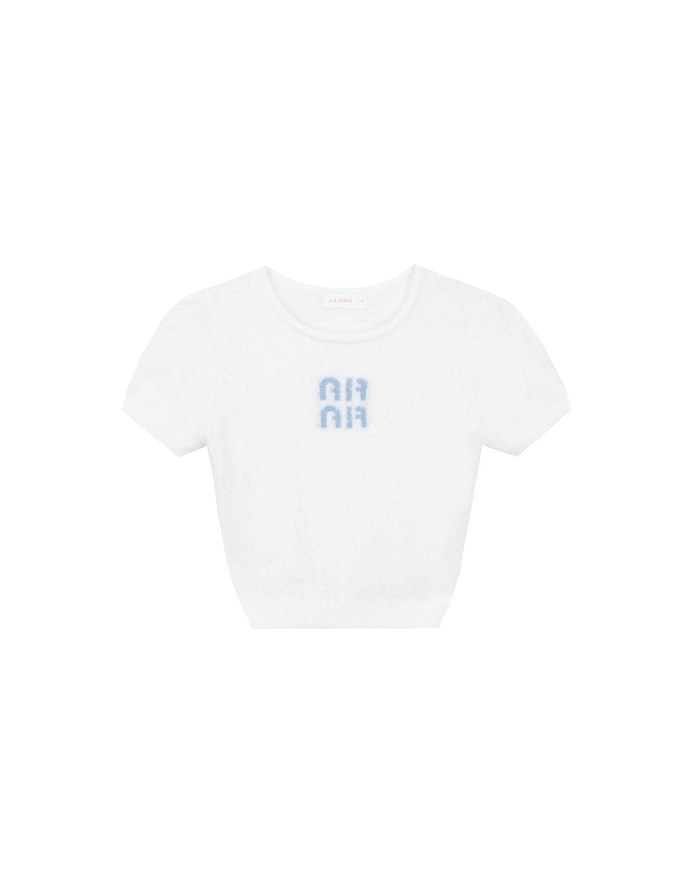 Fluffy Knit Short Sleeve Crop Top with AIR SPACE Logo Embroidered