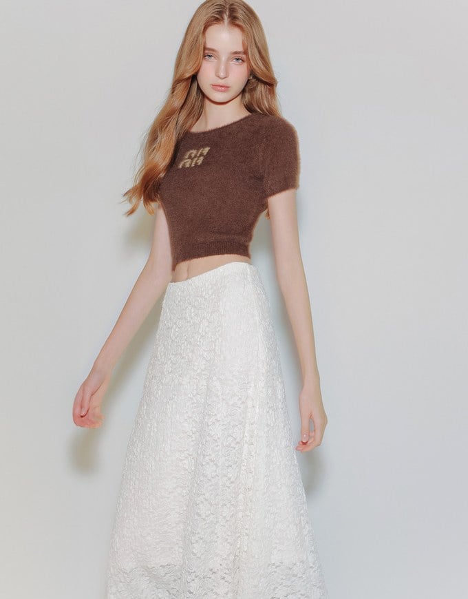 Fluffy Knit Short Sleeve Crop Top with AIR SPACE Logo Embroidered