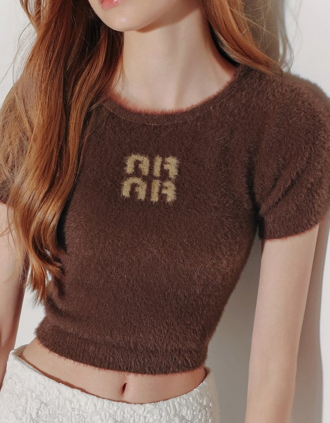 Fluffy Knit Short Sleeve Crop Top with AIR SPACE Logo Embroidered